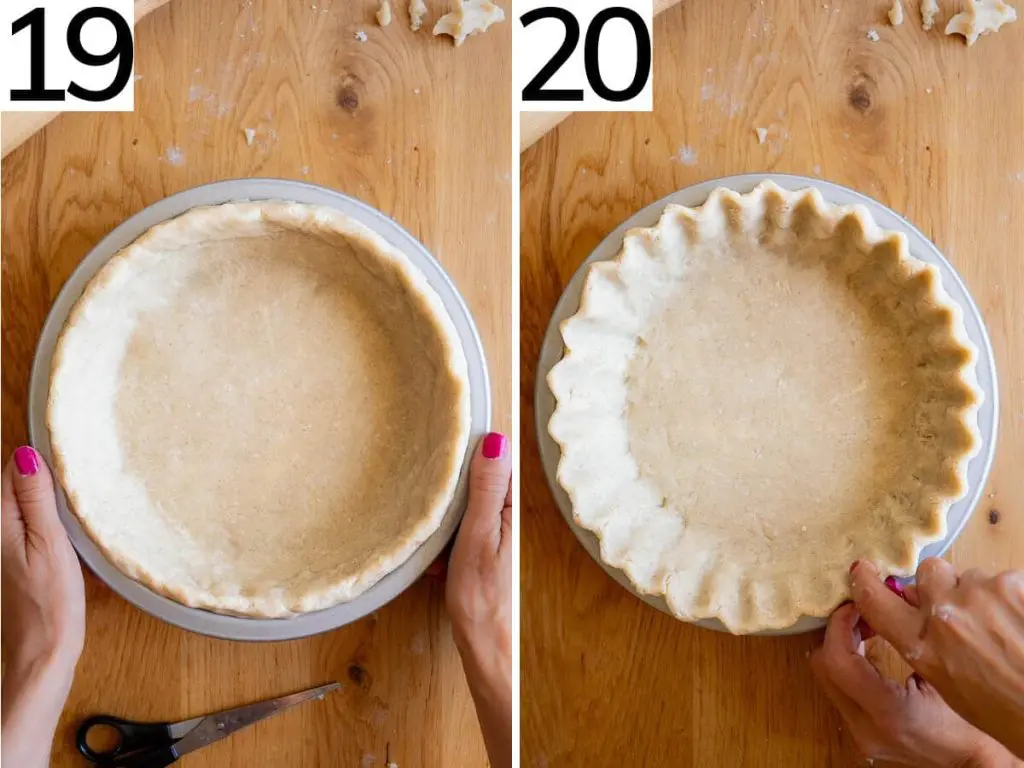 Steps 19 and 20 show how to flute the edges of a pie crust using your fingers.