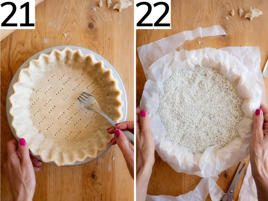 Steps 21 and 22 demonstrate how to prick the bottom of a tart shell with a fork, followed by adding parchment paper and pie weights.