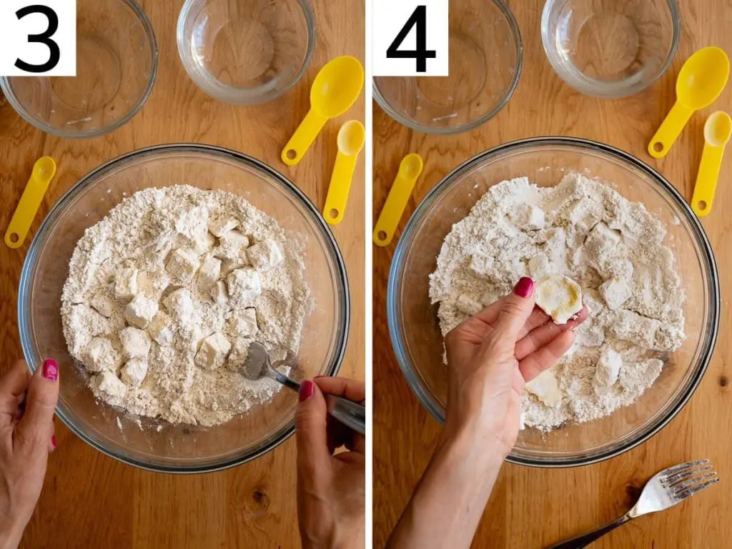 Steps 3 and 4 demonstrate how to blend the butter cubes into the flour and press each cube into small disks of butter.