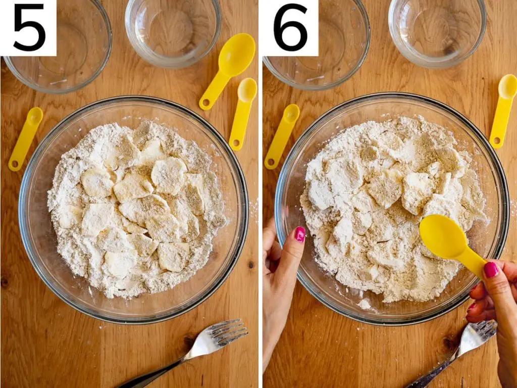 Steps 5 and 6 display the flattened butter disks incorporated into the flour, followed by adding water to the dough.