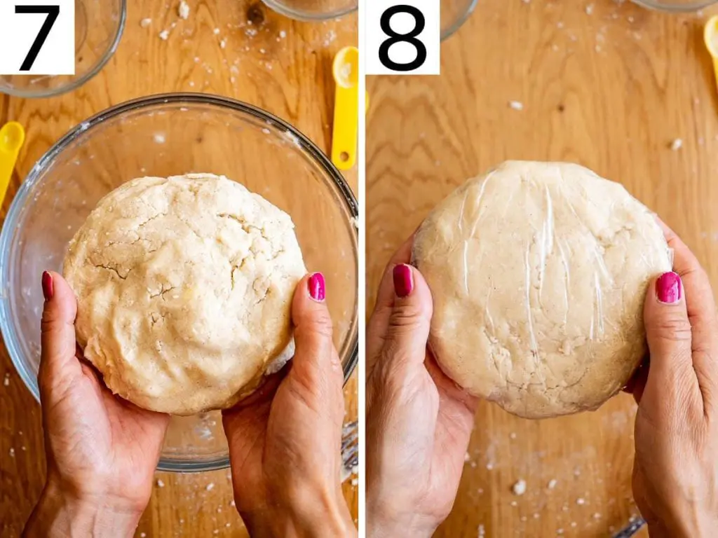 Steps 7 and 8 show the dough formed into a ball, followed by wrapping it in plastic wrap.