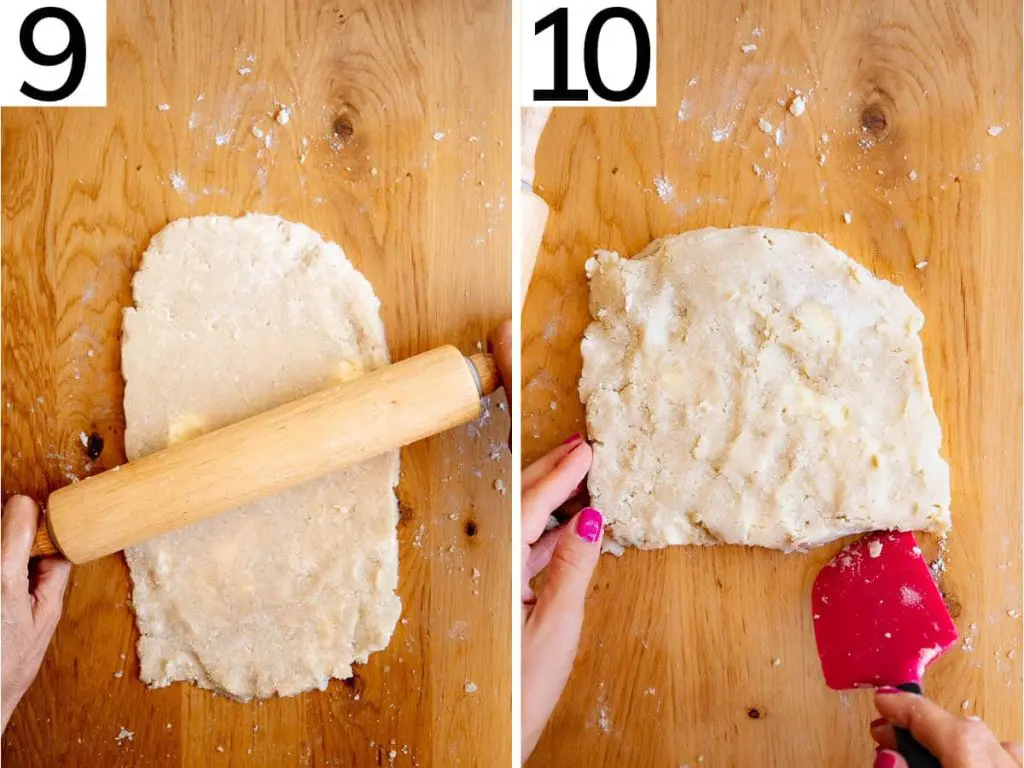 Steps 9 and 10 demonstrate how to roll out and fold the dough using the lamination method.
