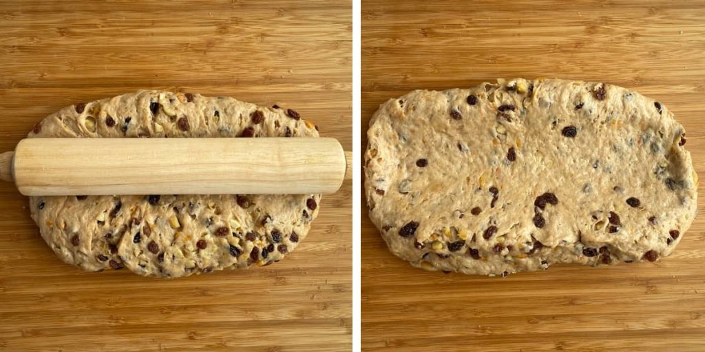 Steps A and B to add marzipan to stollen.