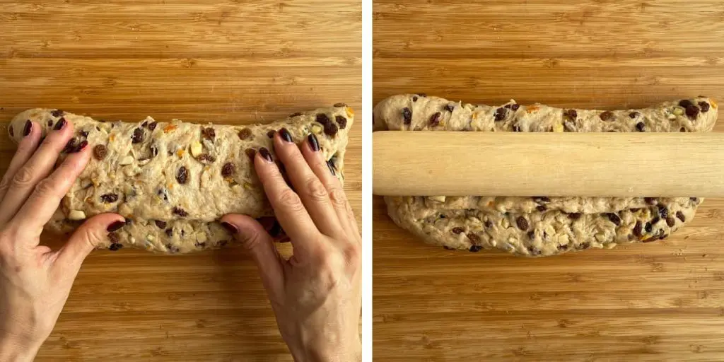 Steps E and F to add marzipan to this traditional German recipe.
