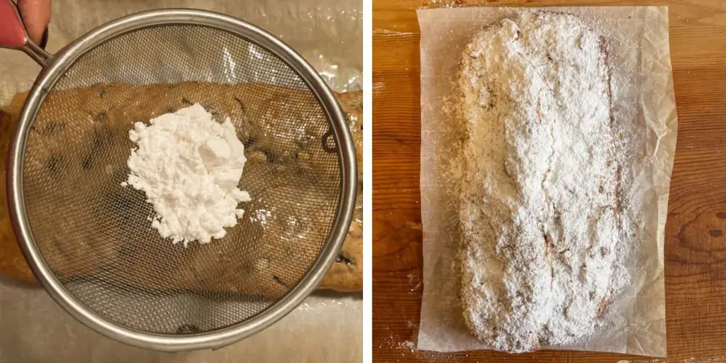 The final steps to make this German stollen cake recipe: sprinkling powdered sugar on the baked stollen cake.