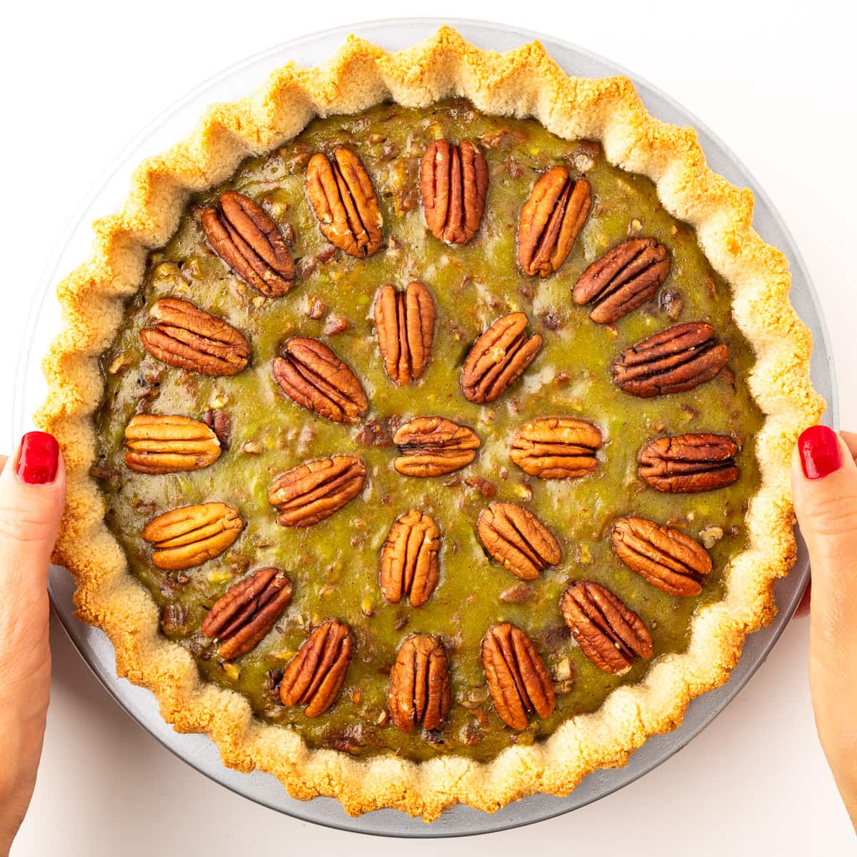 A step in the recipe: The baked sugar free pecan pie made with avocado puree and brown monk fruit.