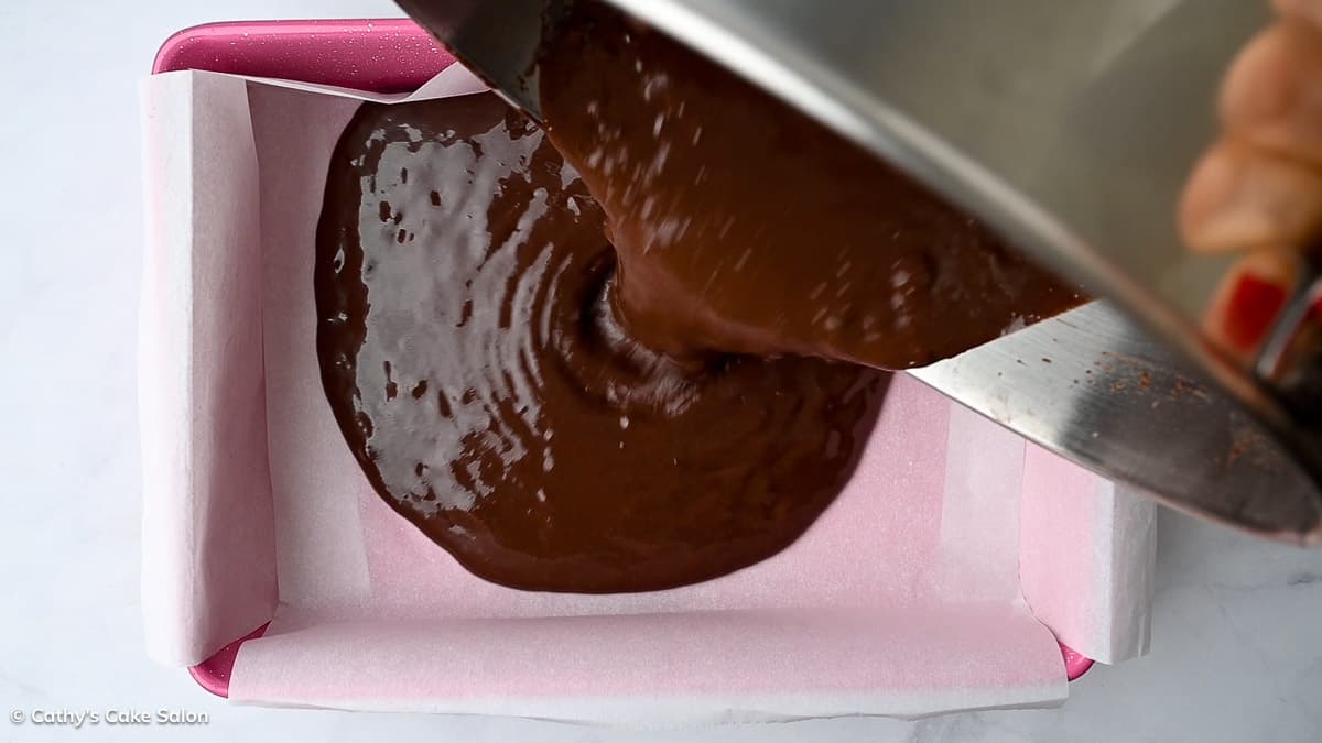 A step in the recipe: Pour batter in pan.