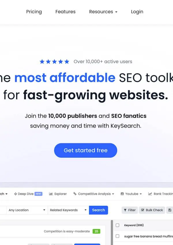 The homepage of Keysearch which states: The most affordable SEO toolkit for fast-growing websites.