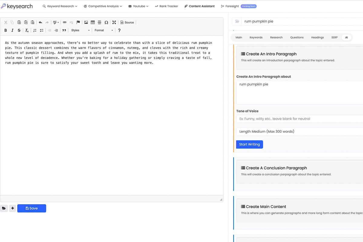 The KeySearch SEO-optimized Content Assist page with AI.