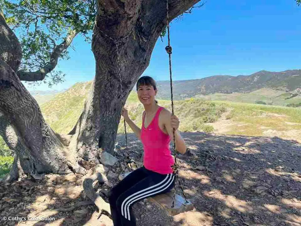 The author enjoying the Serenity Swing with a stunning view of San Luis Obispo.