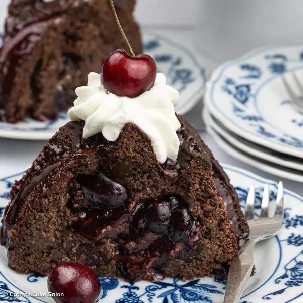 A slice of black forest bundt cake or chocolate cherry bundt cake topped with whipped cream and a cherry.
