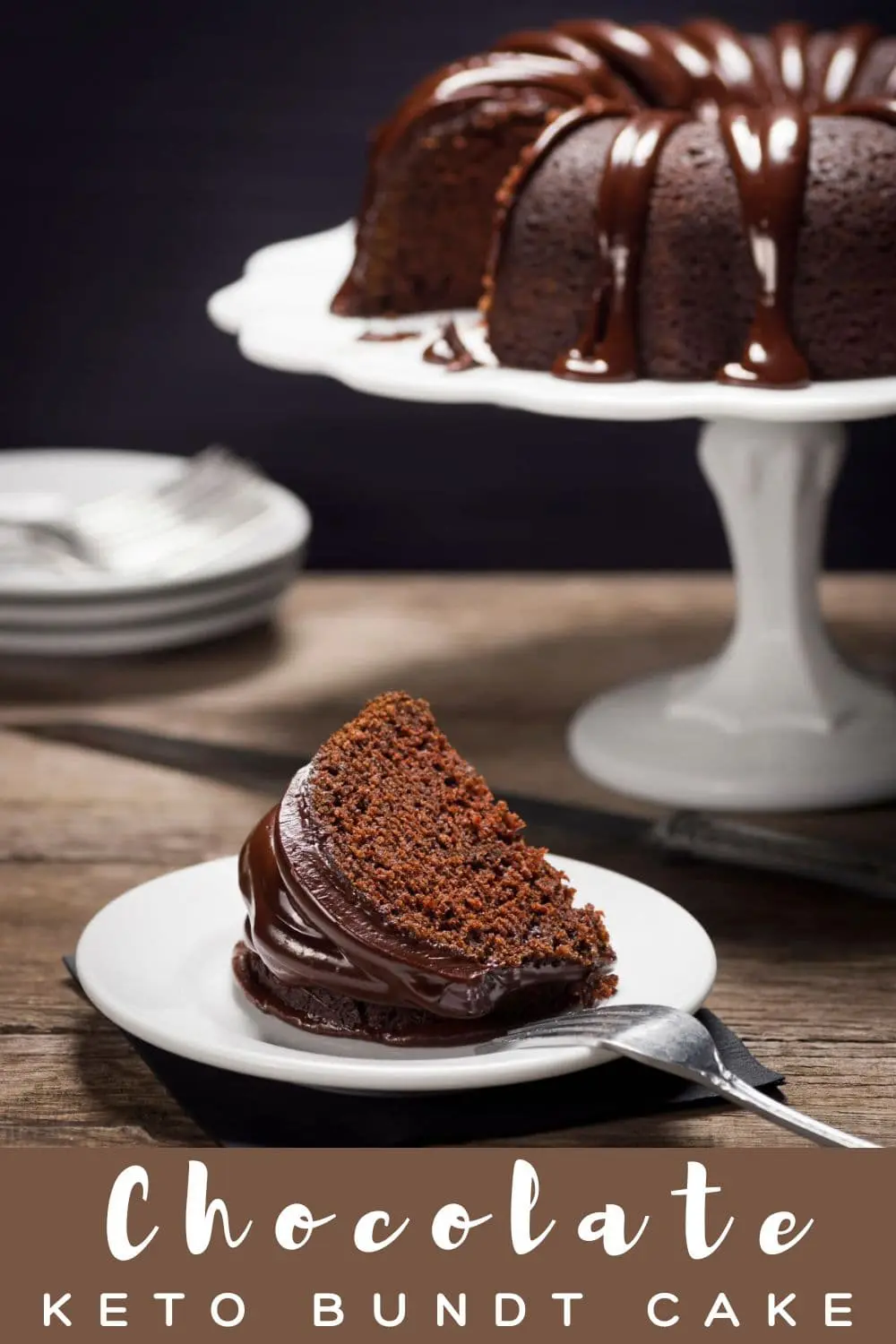 A slice of chocolate keto bundt cake and the whole cake.