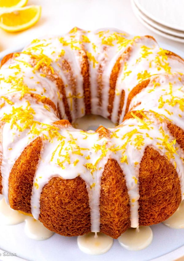 Kris Jenner's famous lemon bundt cake topped with lemon icing and lemon zest.