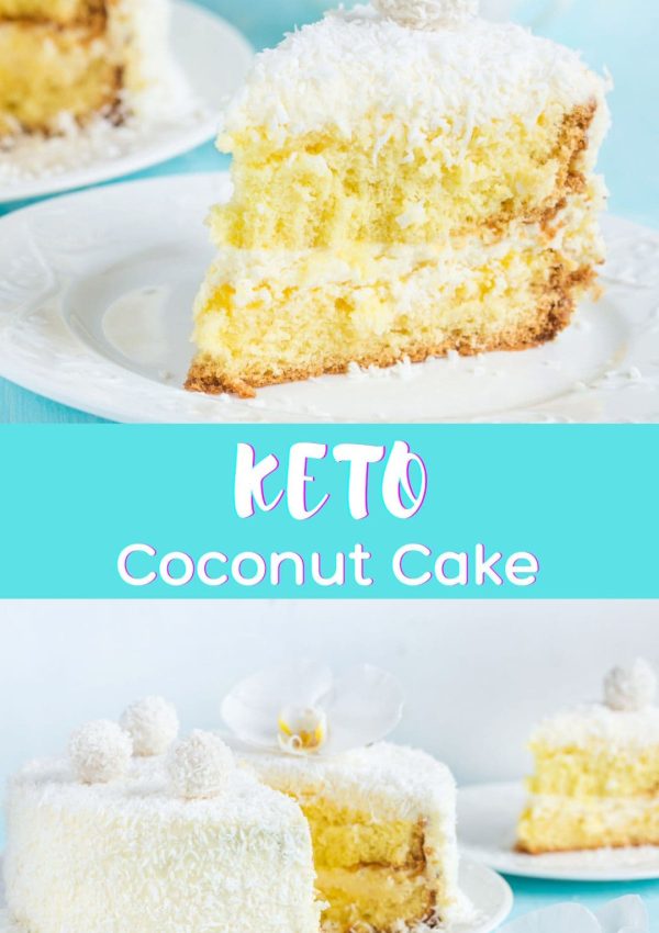 A keto coconut cake with cream cheese frosting and shredded coconut.