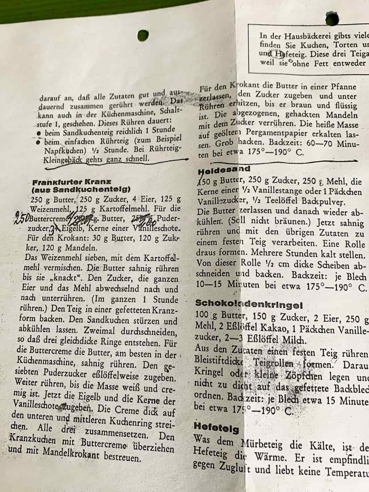 Original German Frankfurter Kranz Cake Recipe as it appears in a vintage German cookbook.