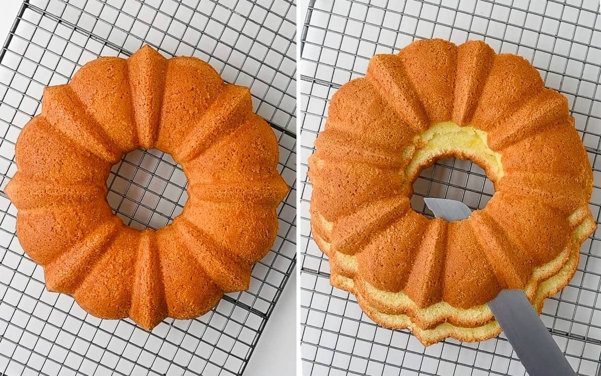 Process shots to make the German Frankfurter Kranz Cake: Bake and slice into 3 rings.