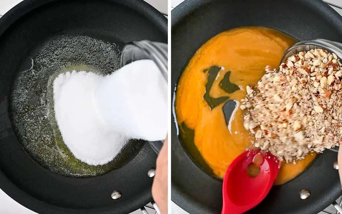 Process shots that show how to make the famous caramelized almond brittle (Krokant).