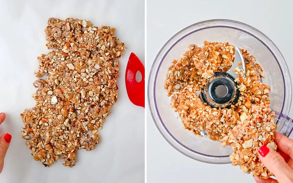 Process shots that show how to cool and break the caramelized almond brittle into pieces.