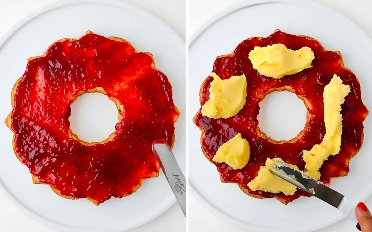Process shots that show how to spread the raspberry jam and buttercream on each layer.