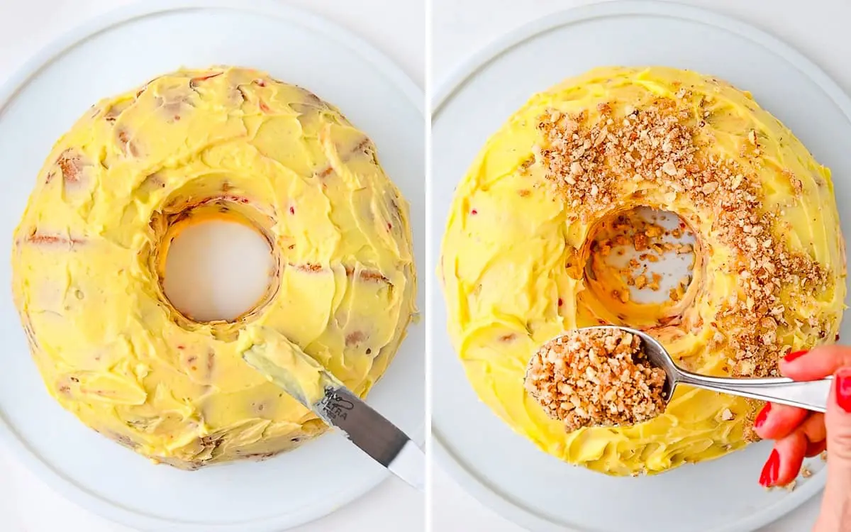Process shots that show how to coat the cake in buttercream and almond brittle (Krokant).