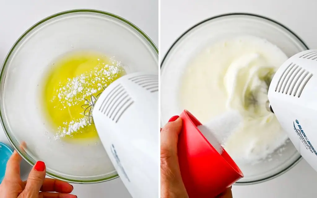 Two process shots that describe how to make a fluffy meringue.