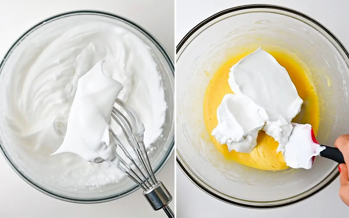 Two process shots that show how to add the meringue to the cake batter.