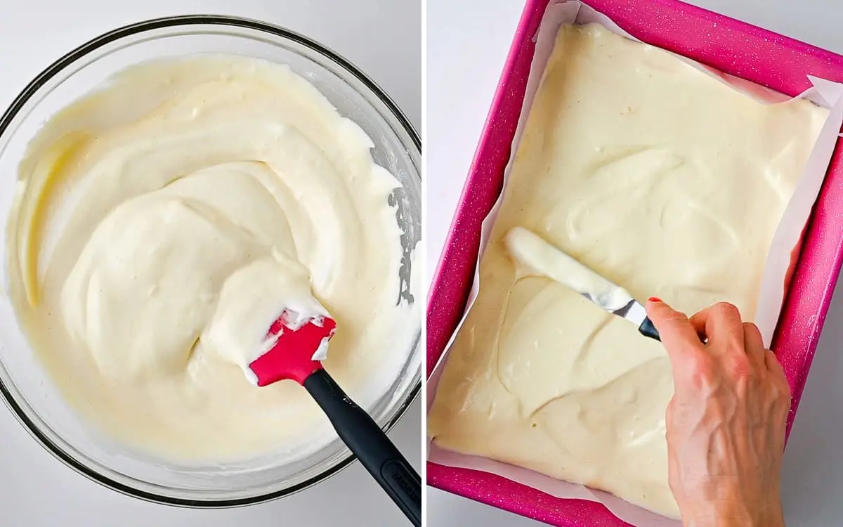 Two process shots of the batter and the batter in the rectangular cake pan.
