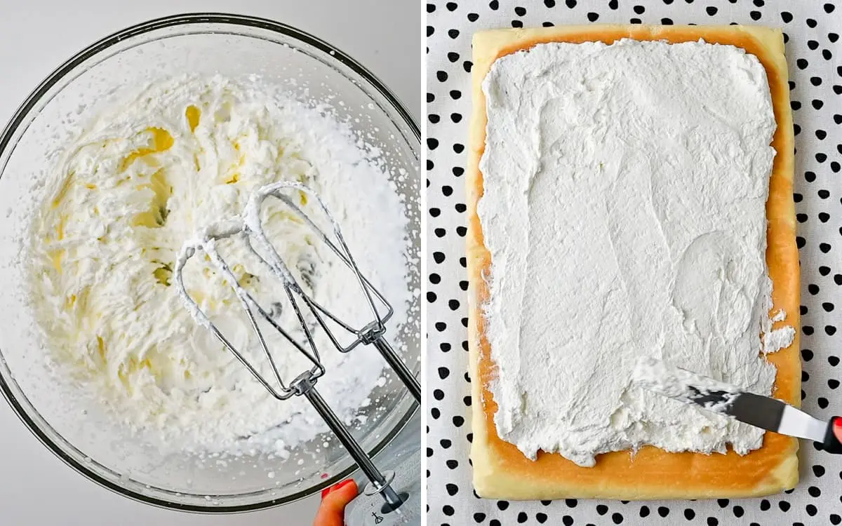 Two process shots that show the whipped cream and how to apply it to the Japanese roll cake.
