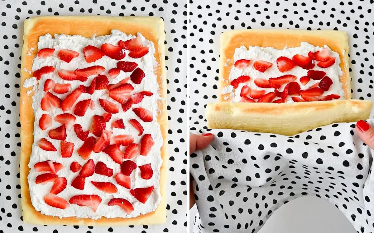 Two process shots that show how apply the fresh strawberries and roll the roll cake.