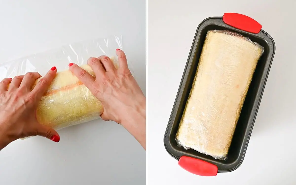 Two process shots that show how to wrap the Japanese roll cake in plastic wrap and how to store it in a loaf pan.