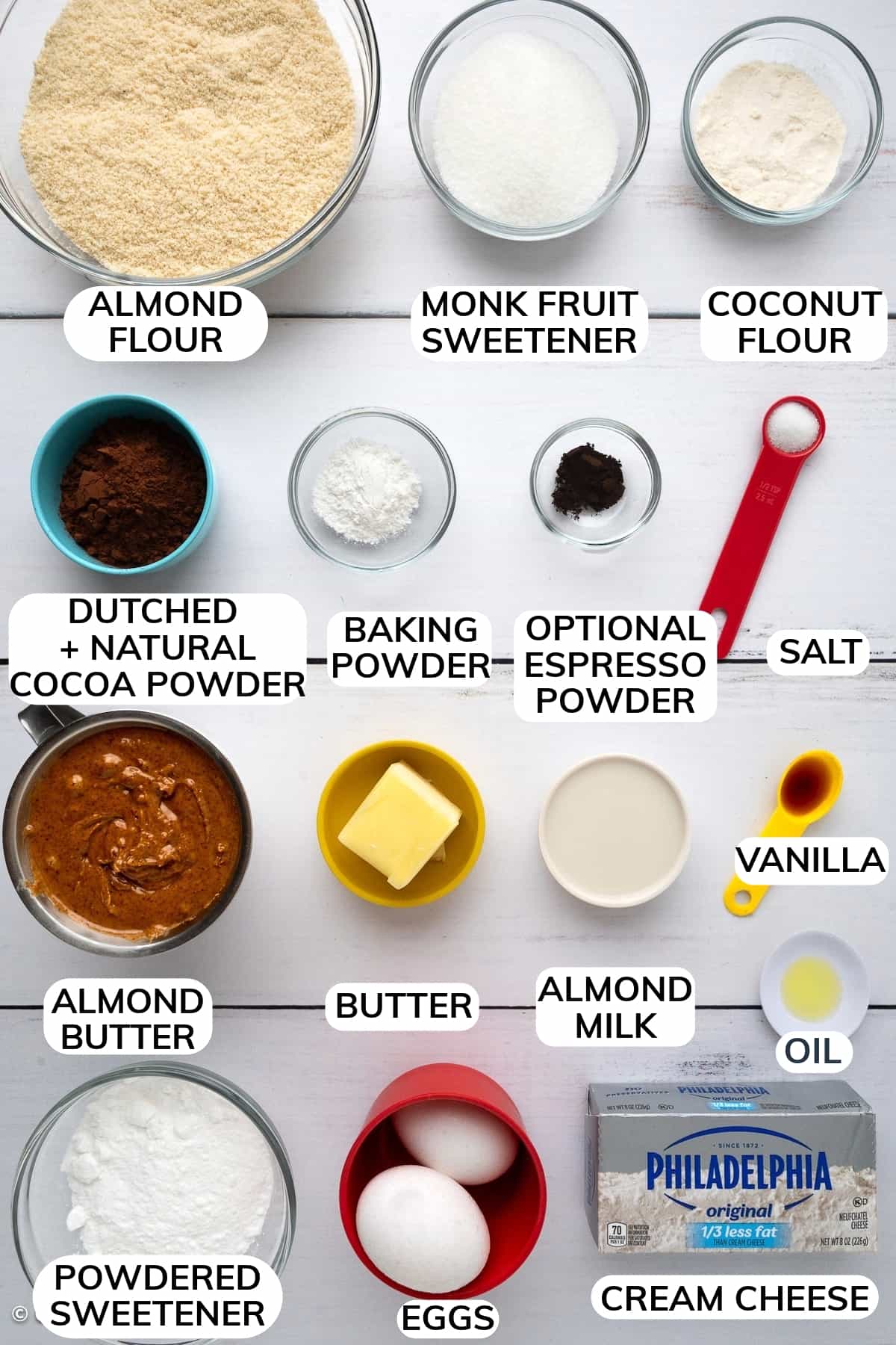 The ingredients in this chewy chocolate keto cookie recipe.