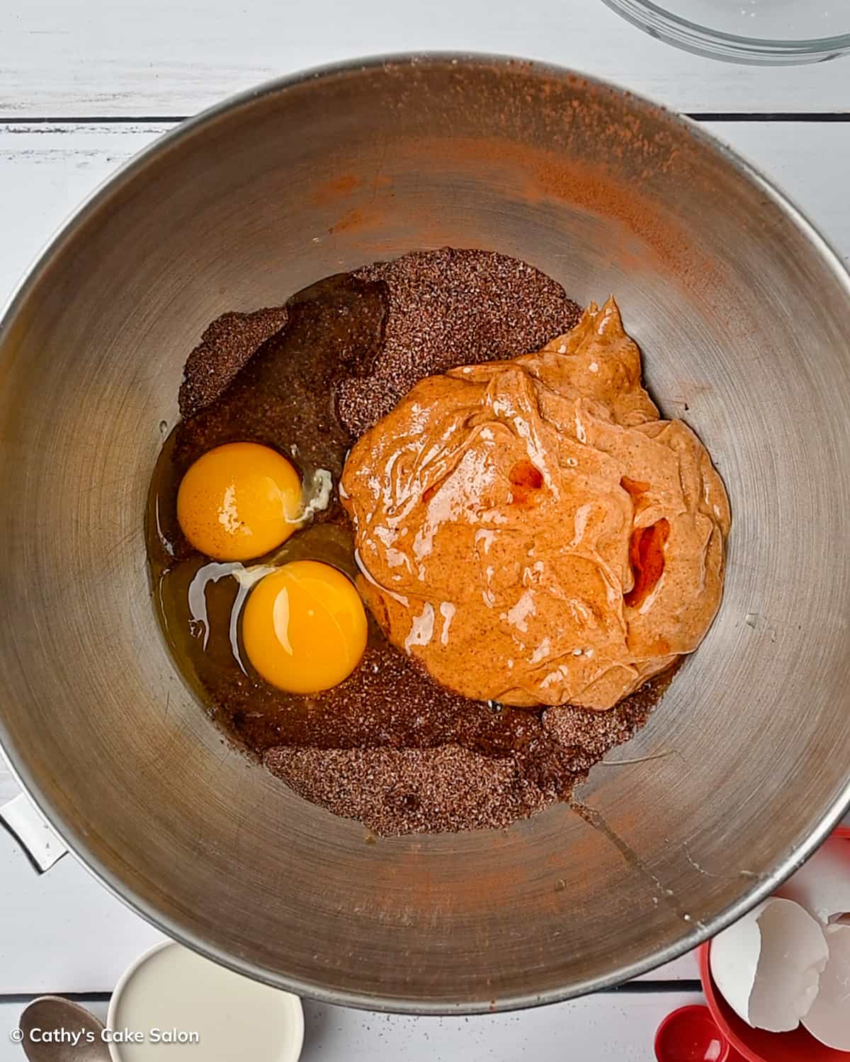 A step in the whoopie pie recipe: Add the wet ingredients to the dry ingredients.