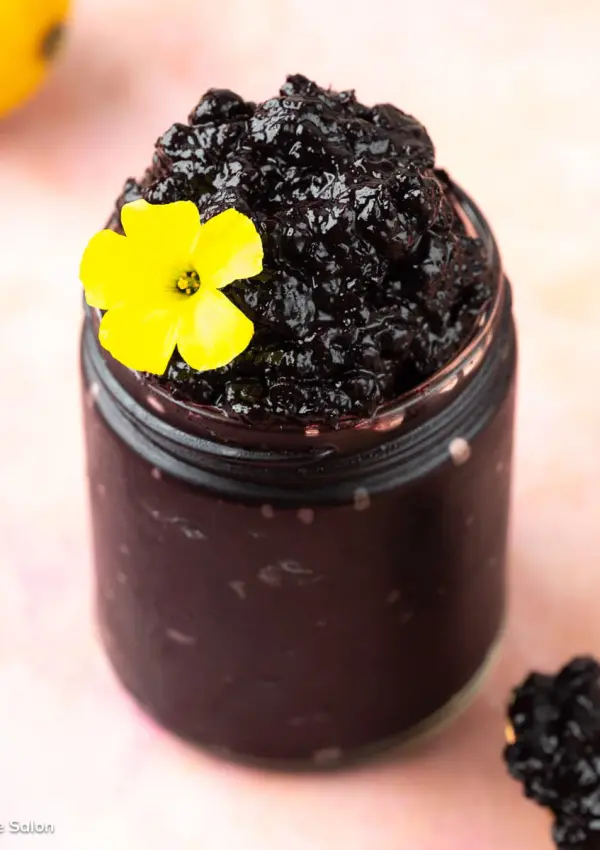 The result of this healthy sugar free blueberry jam recipe: A jar of homemade blueberry preserves.