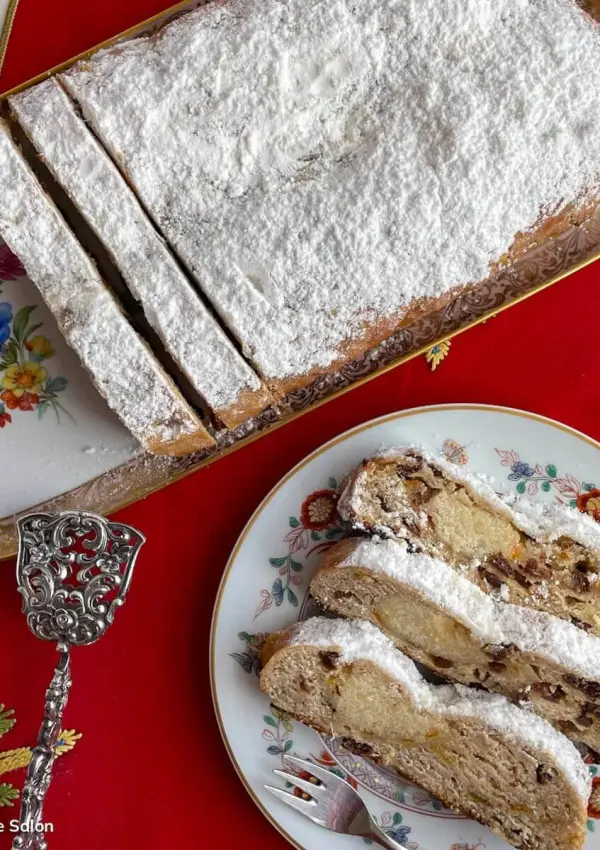 Slices of Stollen cake with marzipan from this easy German Stollen recipe.