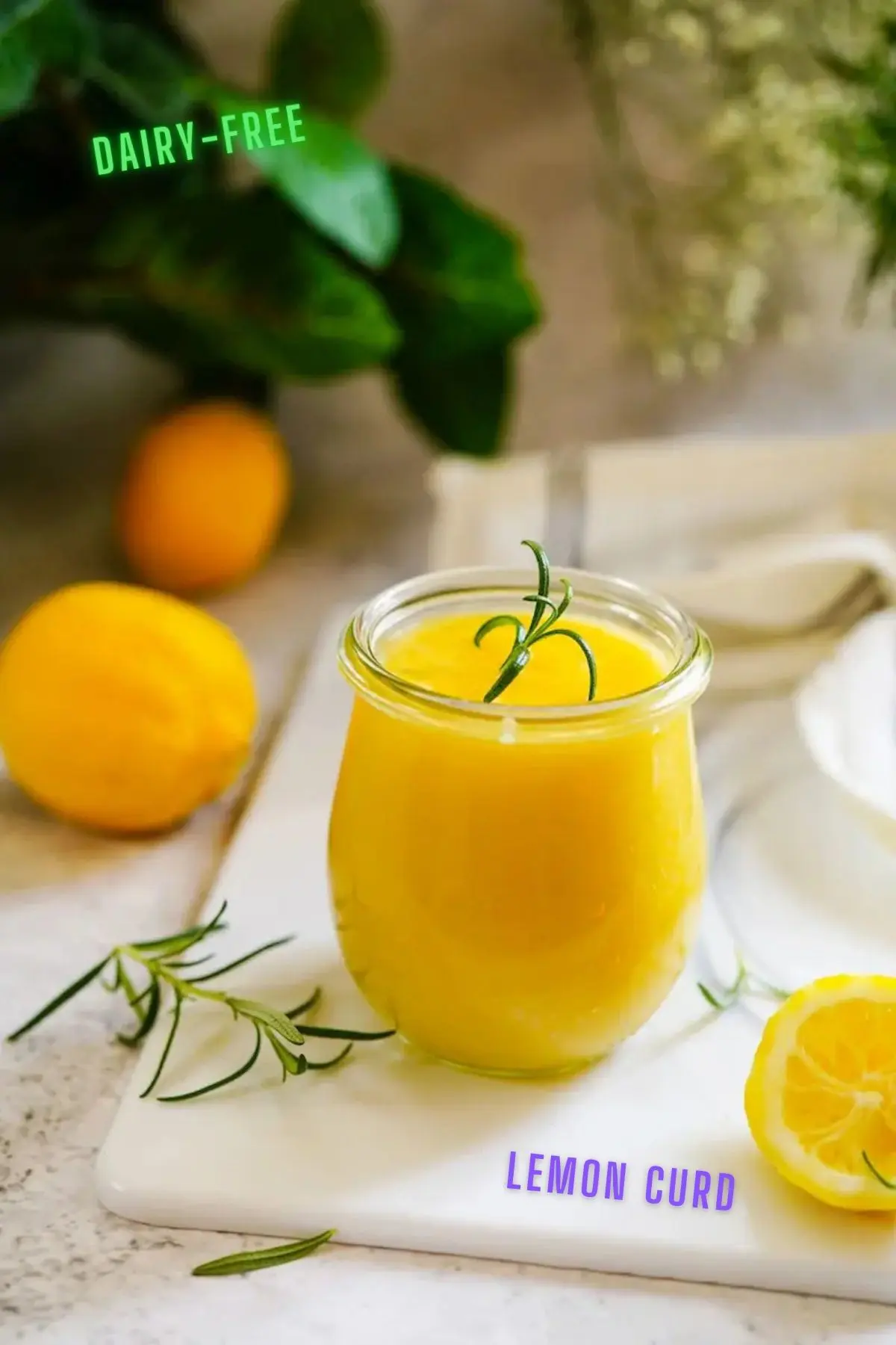 Dairy free lemon curd filling in a glass jar.