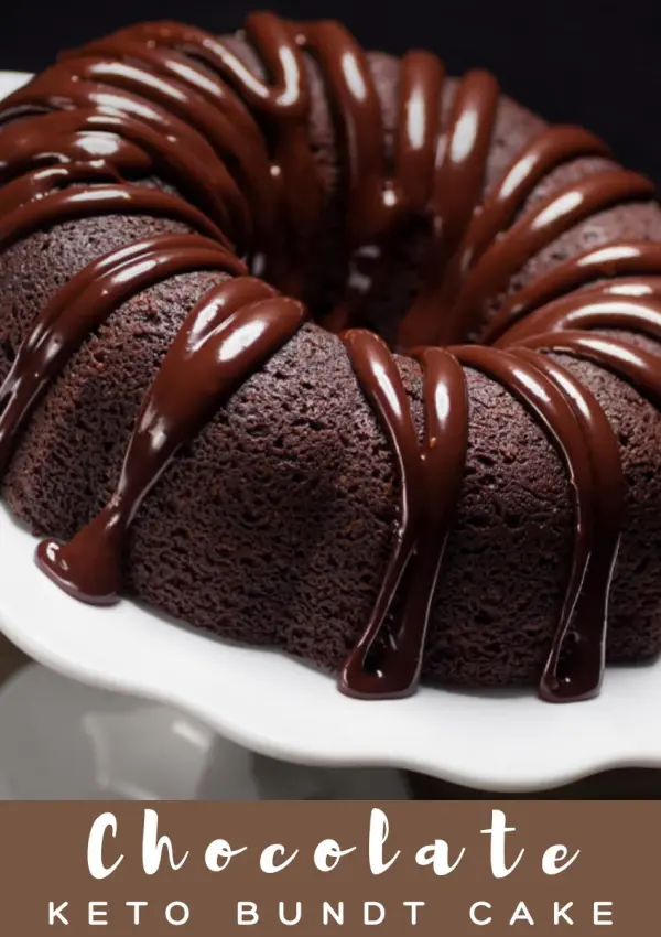 A Keto Chocolate Bundt Cake, or sugar free bundt cake, topped with dark chocolate ganache.
