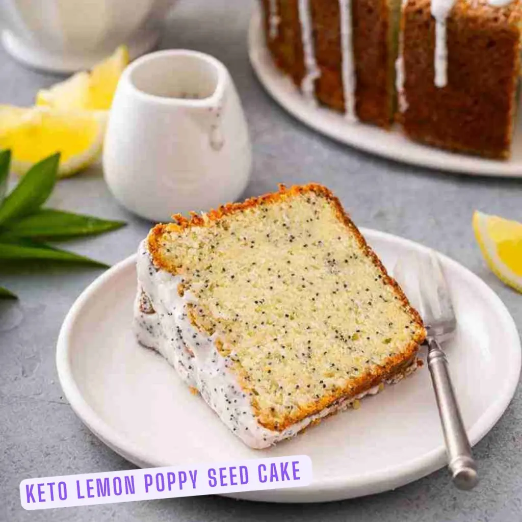 Keto lemon poppy seed cake with sugar free lemon glaze and a slice.