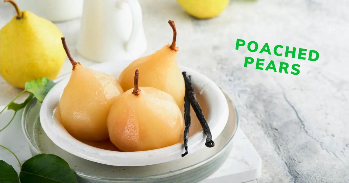 Three sugar free poached pears in monk fruit syrup in a bowl.