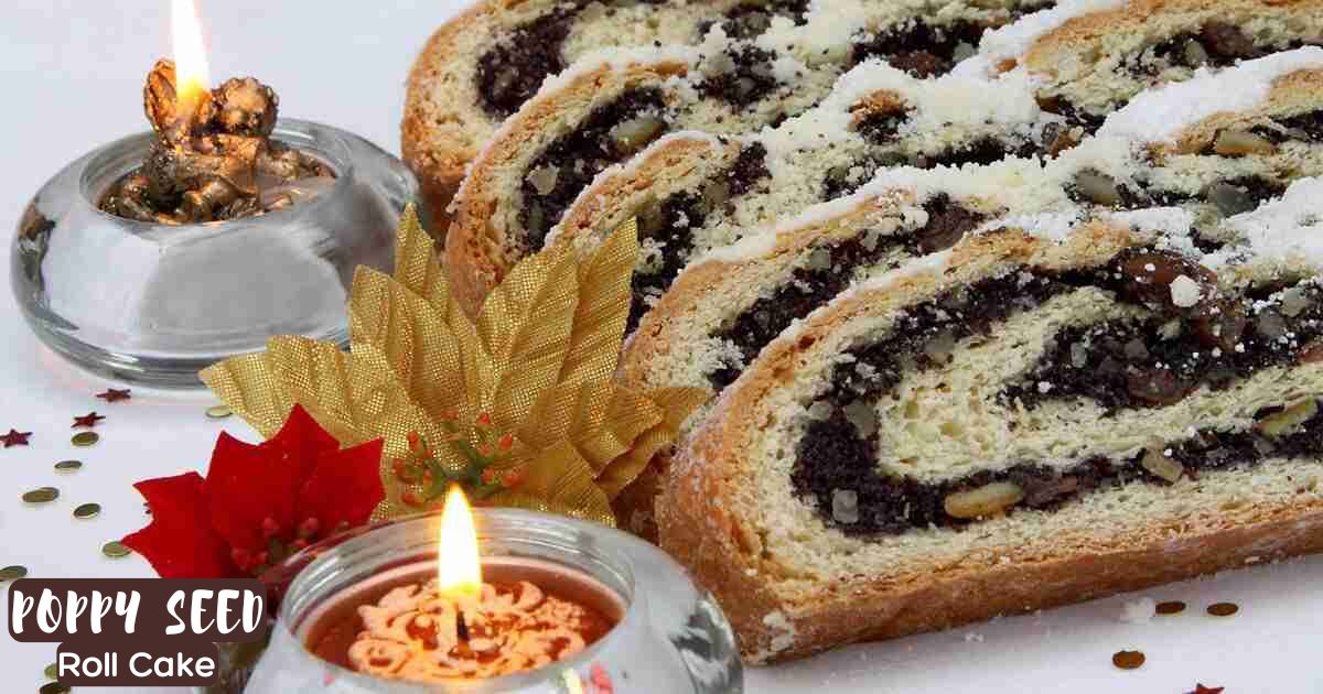 Slices of a German poppy seed roll made with almonds and yeast.