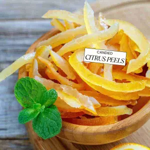 Homemade lemon peel candy and orange peel candy in a bowl.